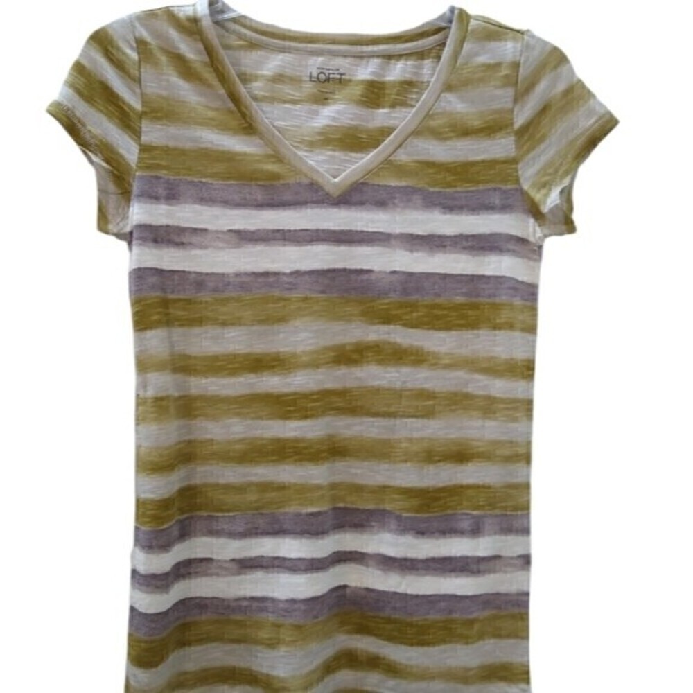ANN TAYLOR LOFT Striped Purple Celery T-Shirt Size XS